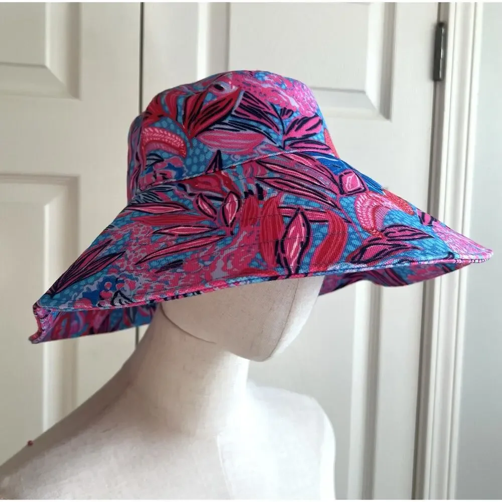 LILY PULITZER Ruby Red Wild Times Tropical Wide Brim Beach Vacation Sun Hat OS
